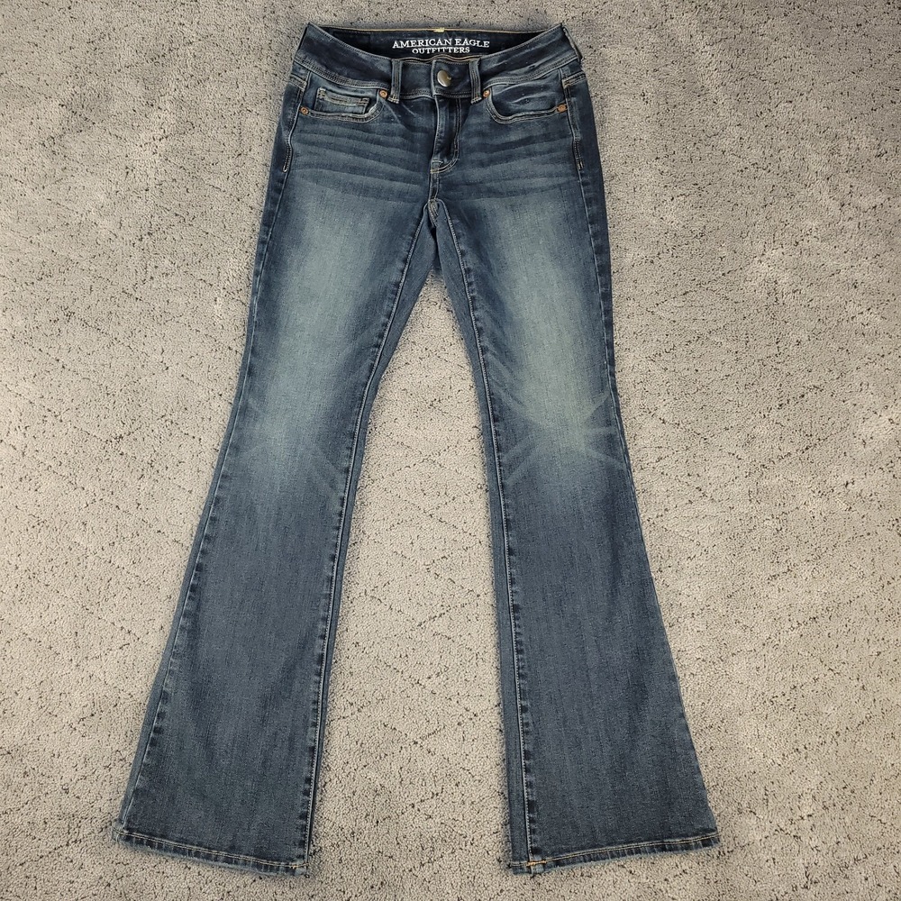 American Eagle Jeans‎ Womens 0 Short Blue Kick Boot Dark Wash Whisker Honeycomb